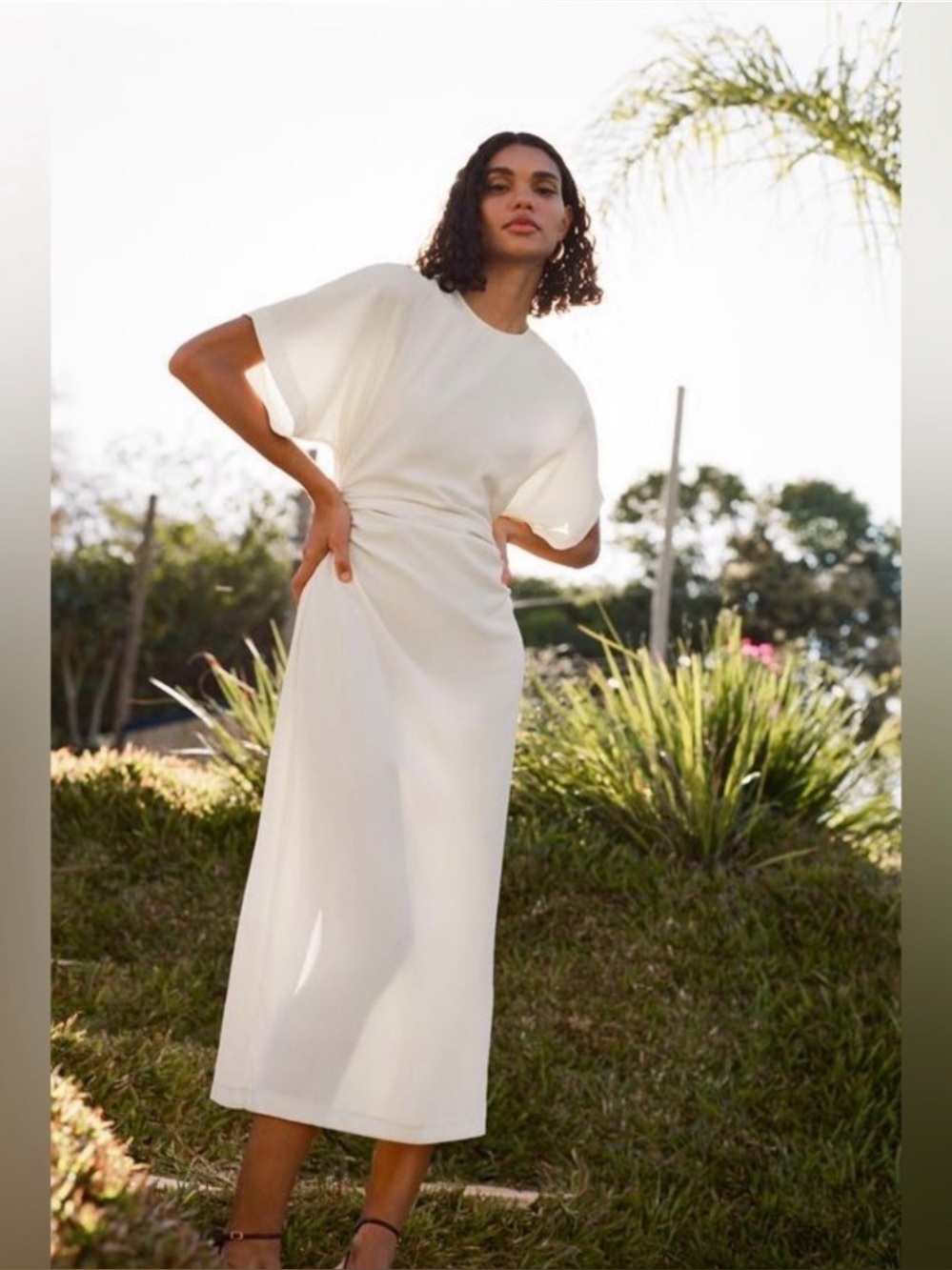 Zara Cream Fitted Midi Dress with Dolman Sleeves